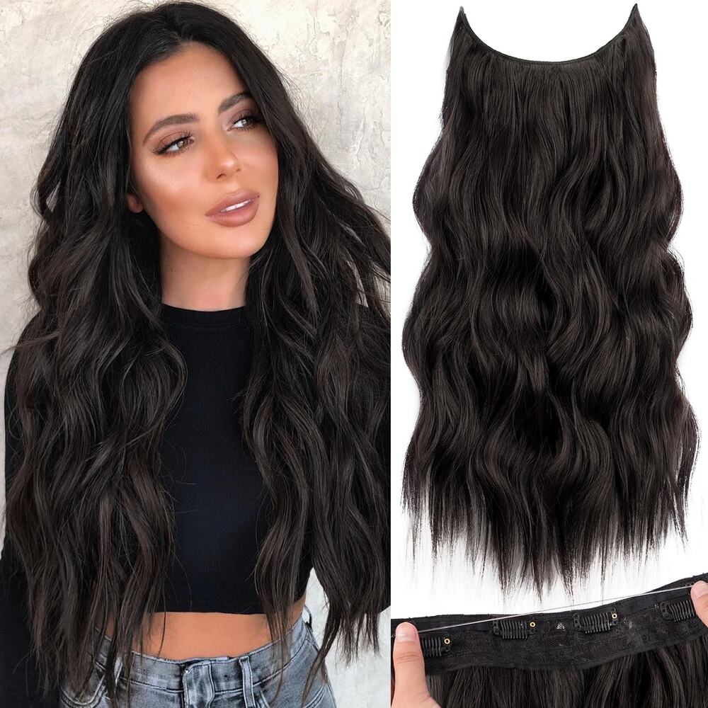 KookaStyle Hair Extensions Halo Invisible Wire Clip In Wavy Dark Brown 20"
